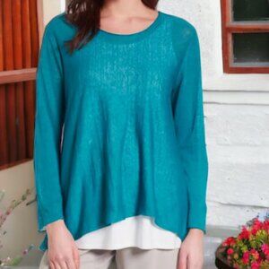 NWT EILEEN FISHER Linen Crepe Knit Jewel Neck Top in Jewel L